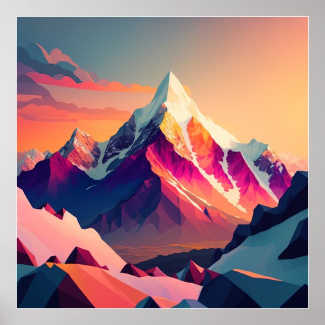 Póster Vibrante cumbre: Una montaña nevada al atardecer. (Frente)
