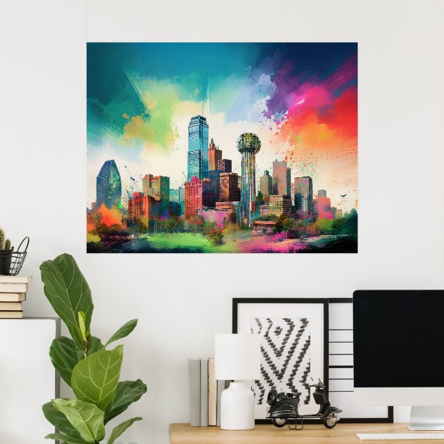 Póster Vibrante Dallas Skyline Graffiti Art (Oficina en casa)