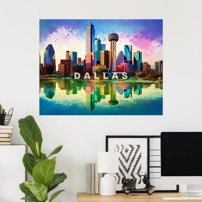 Póster Vibrante Dallas Skyline Graffiti Art (Oficina en casa)