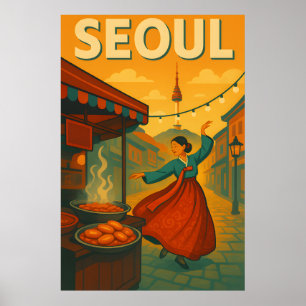 Póster Vibrante década de 1960: Afiche de viaje de Seúl P