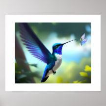 Póster vibrante del colibrí en vuelo azul y blanco