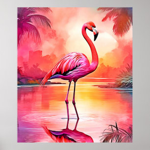 Póster Vibrante diseño de brillo Flamingo Tropical