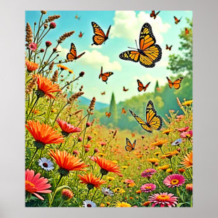 Póster Vibrante diseño de mariposa de flores silvestres