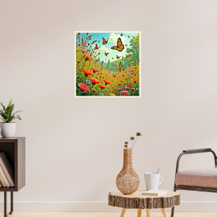 Póster Vibrante diseño de mariposa de flores silvestres