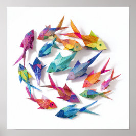 Póster Vibrante Escuela del Patrón de Pescado de Origami