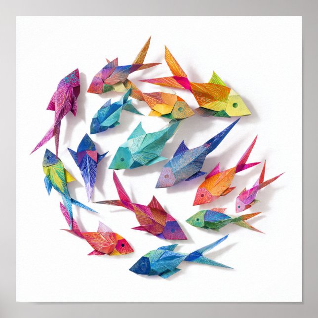Póster Vibrante Escuela del Patrón de Pescado de Origami (Frente)