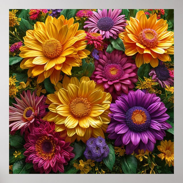 Póster Vibrante exhibición de flores amarillas y moradas (Frente)