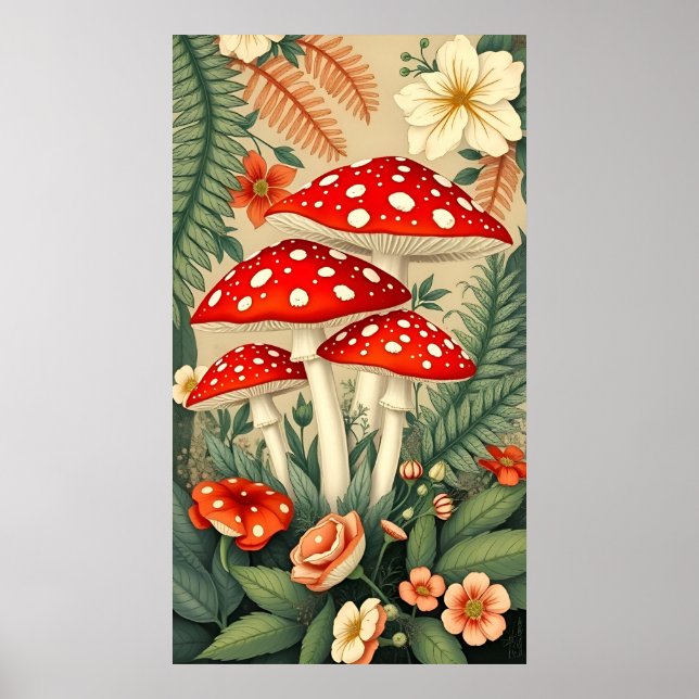 Póster Vibrante Fly Agaric Mushrooms Elegante Botánico (Frente)