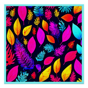 Póster Vibrante Foliage neón: Patrón de hojas cautivadora