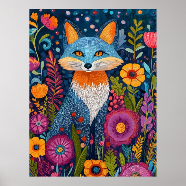 Póster Vibrante Fox Dot Art en medio de Lush Flora (Frente)