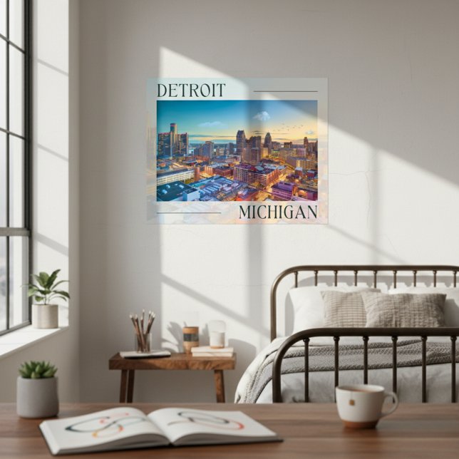 Póster Vibrante horizonte de Detroit al atardecer (Vibrant Skyline of Detroit at Sunset Poster)