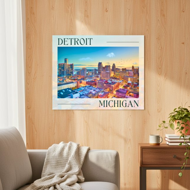 Póster Vibrante horizonte de Detroit al atardecer (Vibrant Skyline of Detroit at Sunset Poster)