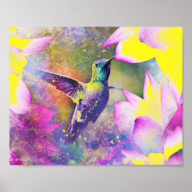 Póster Vibrante Hummingbird amarillo y morado floral (Frente)