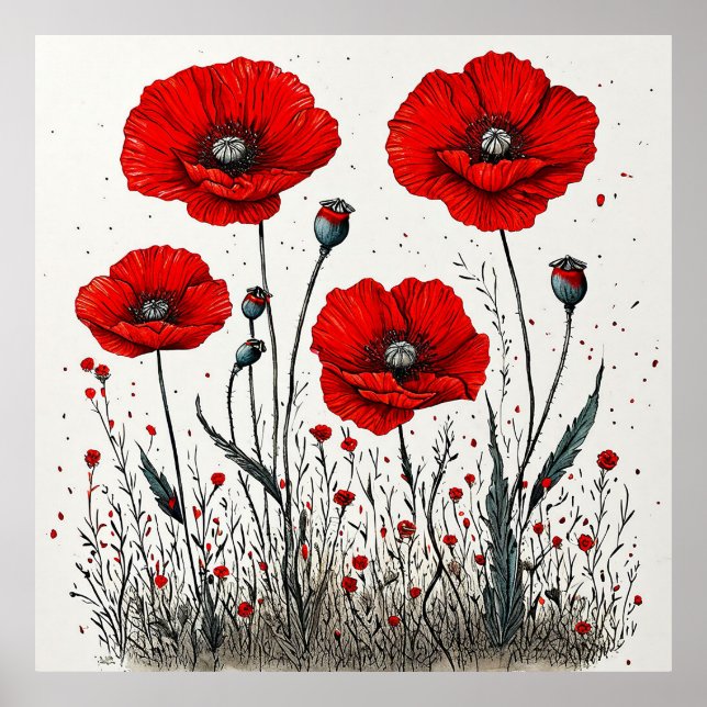 Póster Vibrante Ilustracion Red Poppies (Frente)