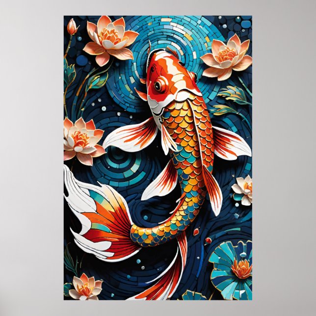 Póster Vibrante Koi y hermosa escena acuática de flores (Frente)