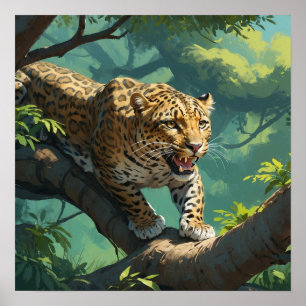 Póster Vibrante leopardo caminando sobre pintura de ramas