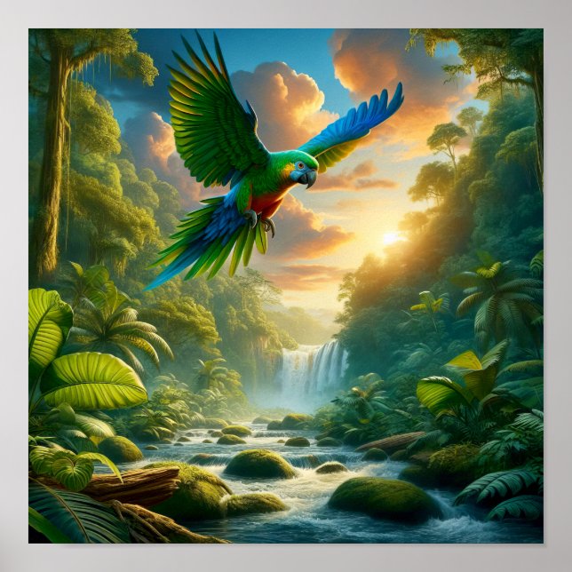 Póster Vibrante loro amazónico en la selva tropical (Frente)