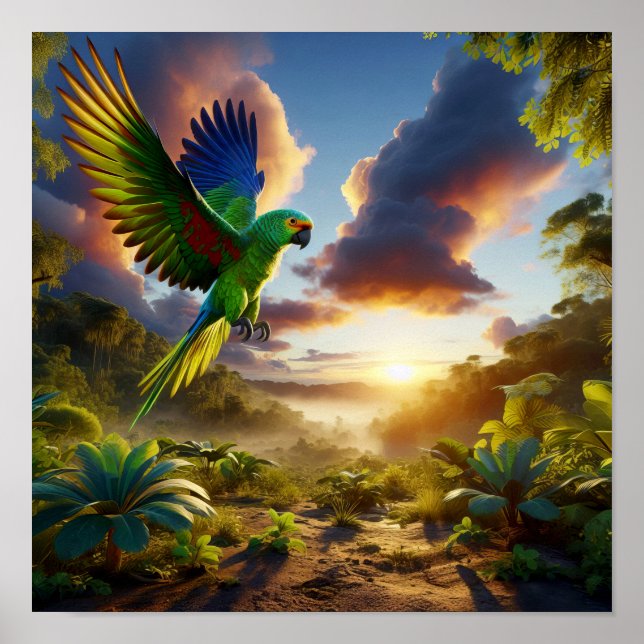 Póster Vibrante loro amazónico en la selva tropical (Frente)