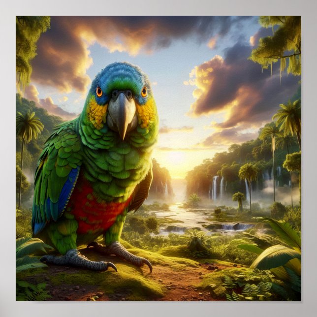 Póster Vibrante loro amazónico en la selva tropical (Frente)
