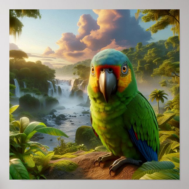 Póster Vibrante loro amazónico en la selva tropical (Frente)