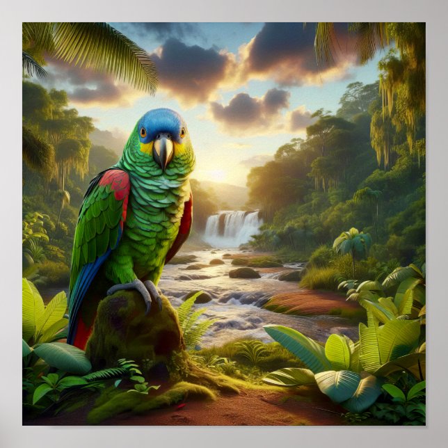 Póster Vibrante loro amazónico en la selva tropical (Frente)