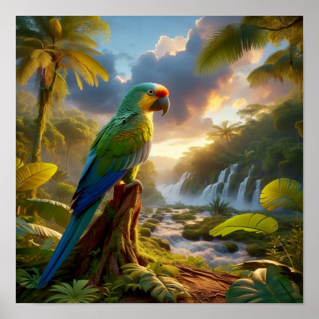 Póster Vibrante loro amazónico en la selva tropical (Frente)