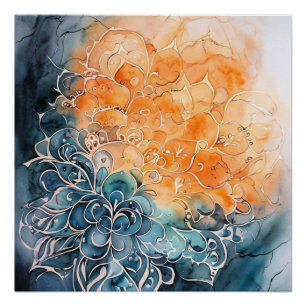 Póster Vibrante mandala en acuarela azul y naranja