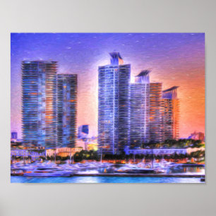 Póster Vibrante Miami Skyline Sunrise