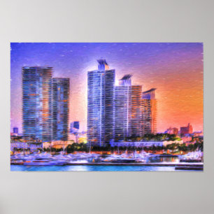 Póster Vibrante Miami Skyline Sunrise
