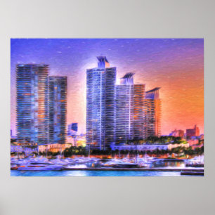 Póster Vibrante Miami Skyline Sunrise