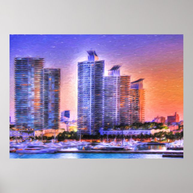 Póster Vibrante Miami Skyline Sunrise (Frente)