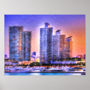 Póster Vibrante Miami Skyline Sunrise