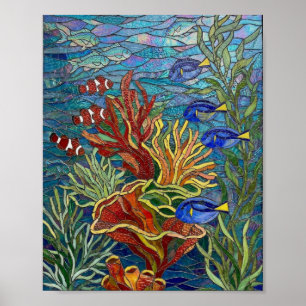Póster Vibrante mosaico de arrecife de coral y peces trop