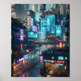 Póster Vibrante Neon Cyberpunk Street Scene Poster