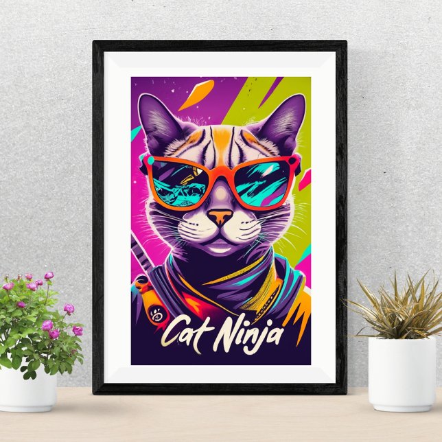 Póster Vibrante Ninja Cat Poster (RETRO CAT NINJA PRINTABLE)