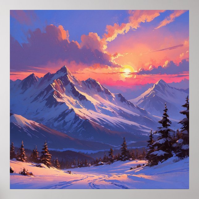 Póster Vibrante Paintaje de montaña Sunset (Frente)