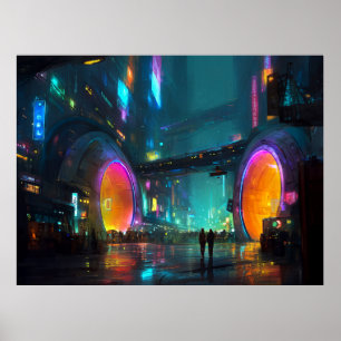 Póster Vibrante paisaje urbano Cyberpunk con arcos