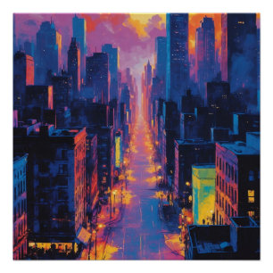 Póster Vibrante paisaje urbano en Sunset Neon Lights Digi