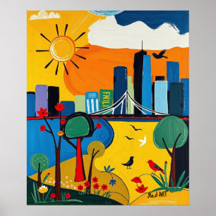 Póster Vibrante paisaje urbano que combina lo urbano y lo