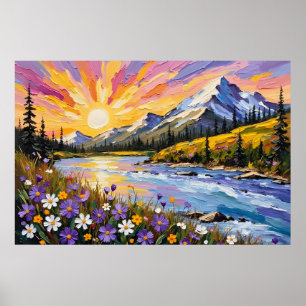 Póster Vibrante pintura al óleo de la montaña Sunrise