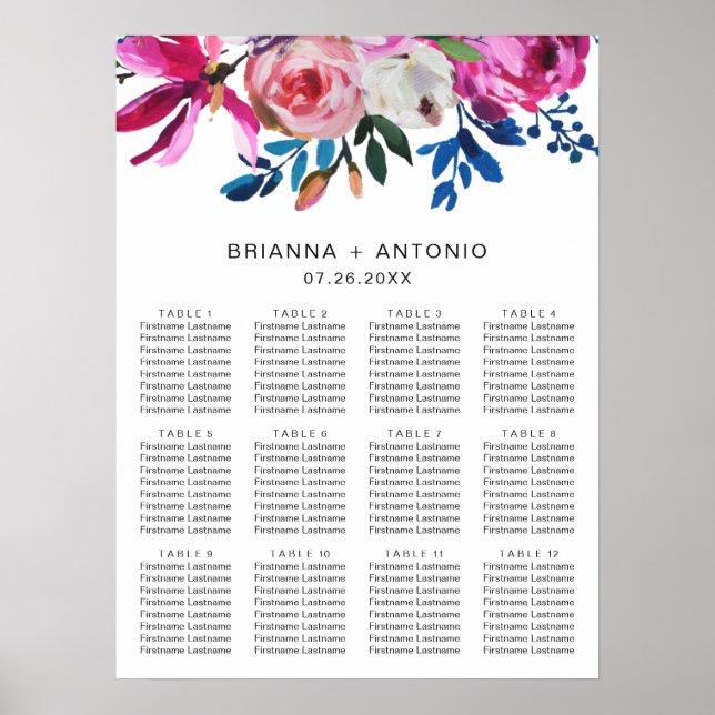 Póster Vibrante Plancha de asientos de Boda moderno flora (Frente)
