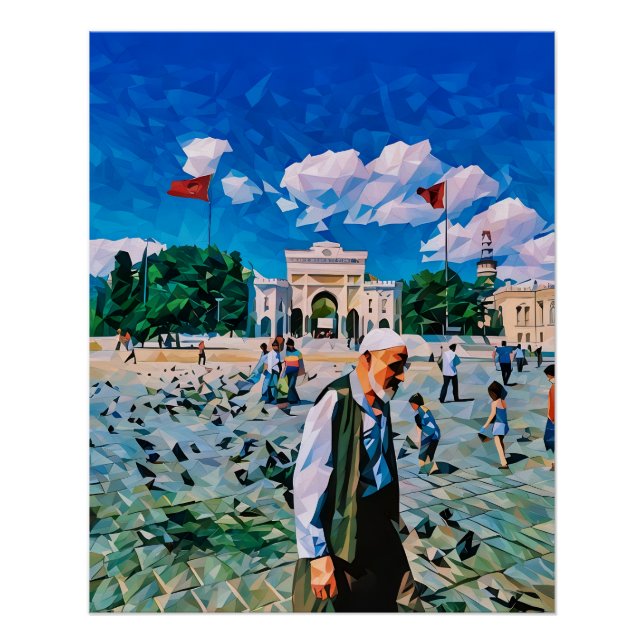 Póster Vibrante Plaza de la Ciudad con gente y banderas (Anverso)