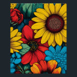 Póster Vibrante Pop Art Floral Design con girasoles<br><div class="desc">Aclarar cualquier espacio con este llamativo diseño floral de arte pop con girasoles vibrantes,  margaritas y rosas en llamativos tonos rojos,  amarillos y azules. Perfecto para los amantes del arte y de la naturaleza. Añade una ráfaga de color y estilo con esta exclusiva obra de arte floral.</div>