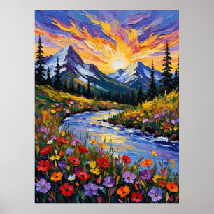 Póster Vibrante Poster de pintura al óleo de la montaña S