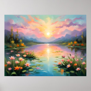 Póster Vibrante puesta de sol dorada sobre un lago tranqu