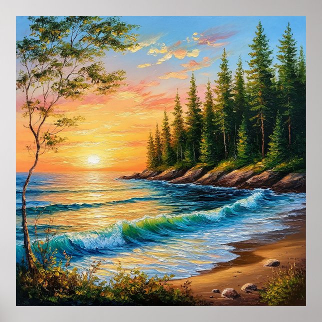 Póster Vibrante puesta de sol sobre olas oceánicas (Frente)