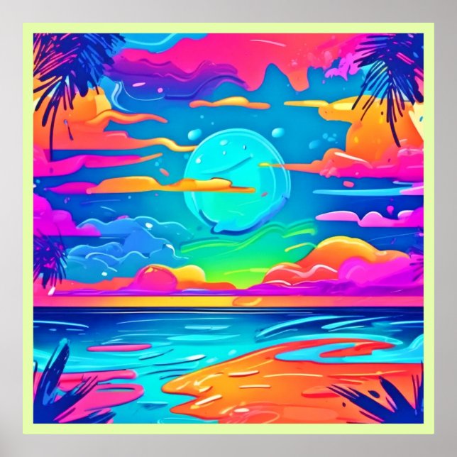 Póster Vibrante puesta de sol sobre olas oceánicas (Frente)