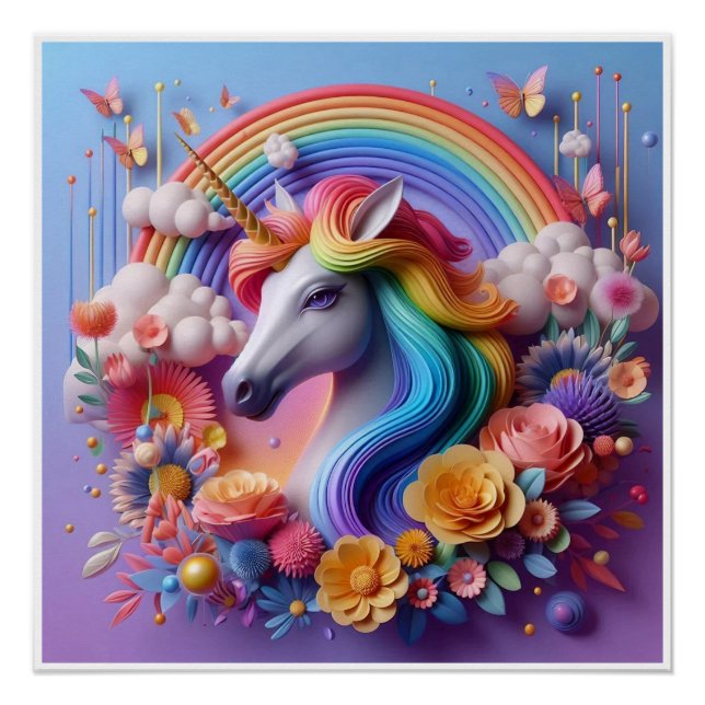 Póster Vibrante retrato de unicornio 3D con acentos flora (Anverso)