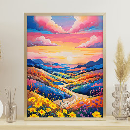 Póster Vibrante Rolling Hills Sunflower Art Painting