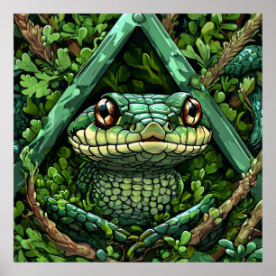 Póster Vibrante serpiente verde entre hojas gruesas